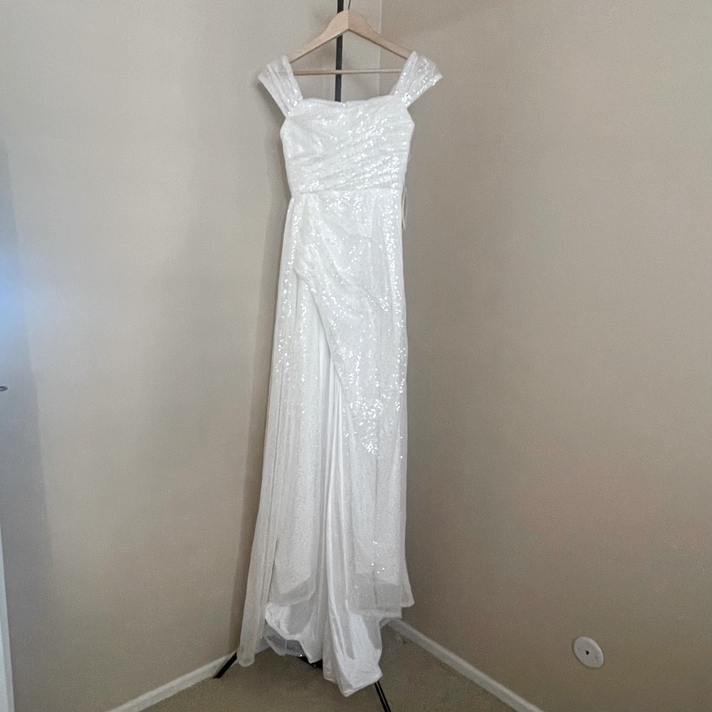TS Couture Off the Shoulder White Sequins Long Dress